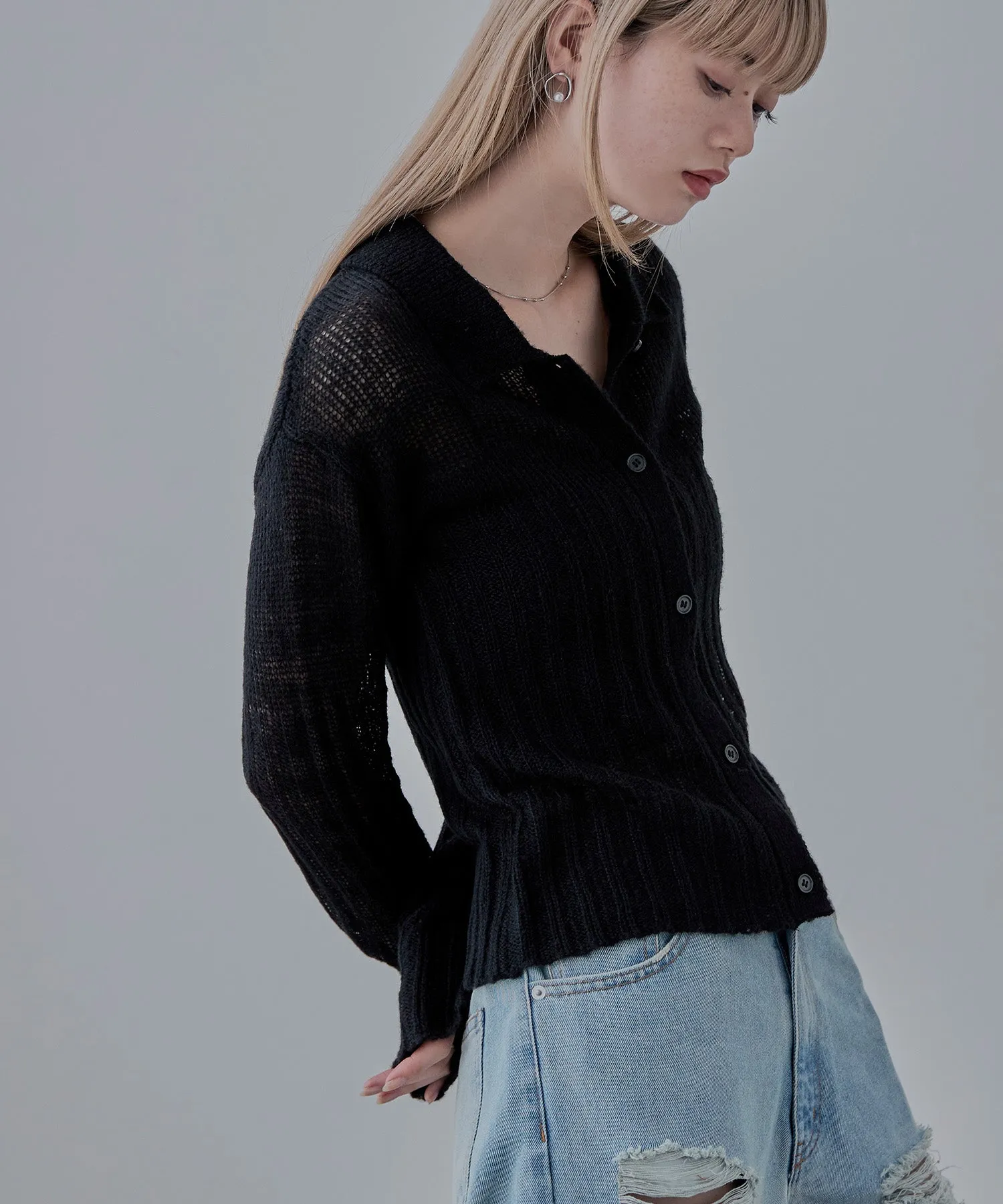 Mohair touch collared knit cardigan
