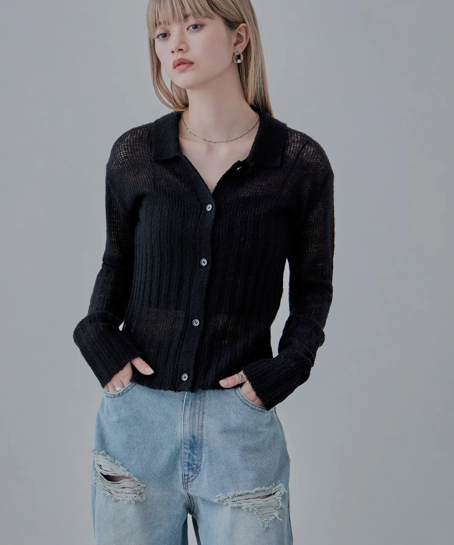 Mohair touch collared knit cardigan