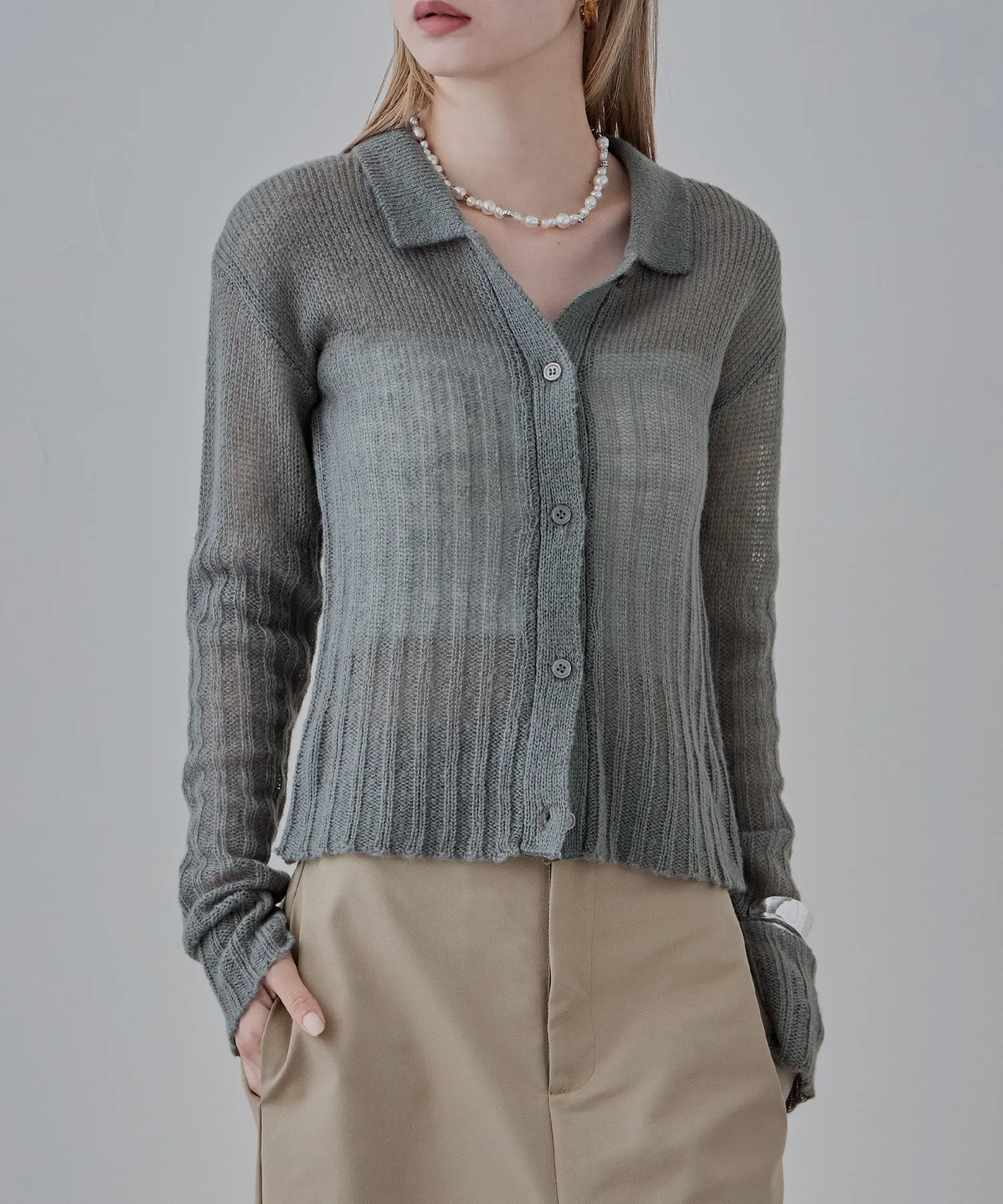 Mohair touch collared knit cardigan