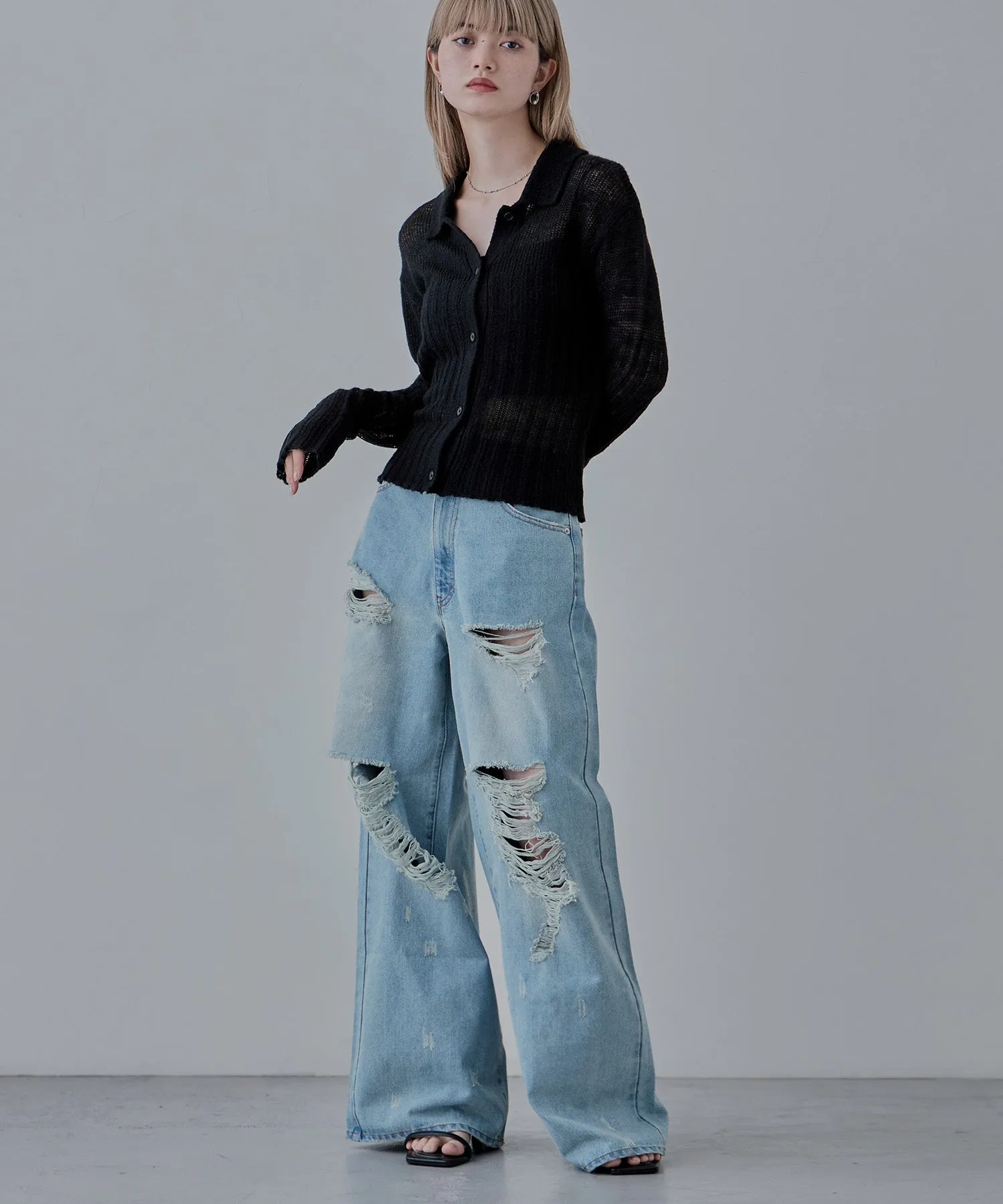 Mohair touch collared knit cardigan
