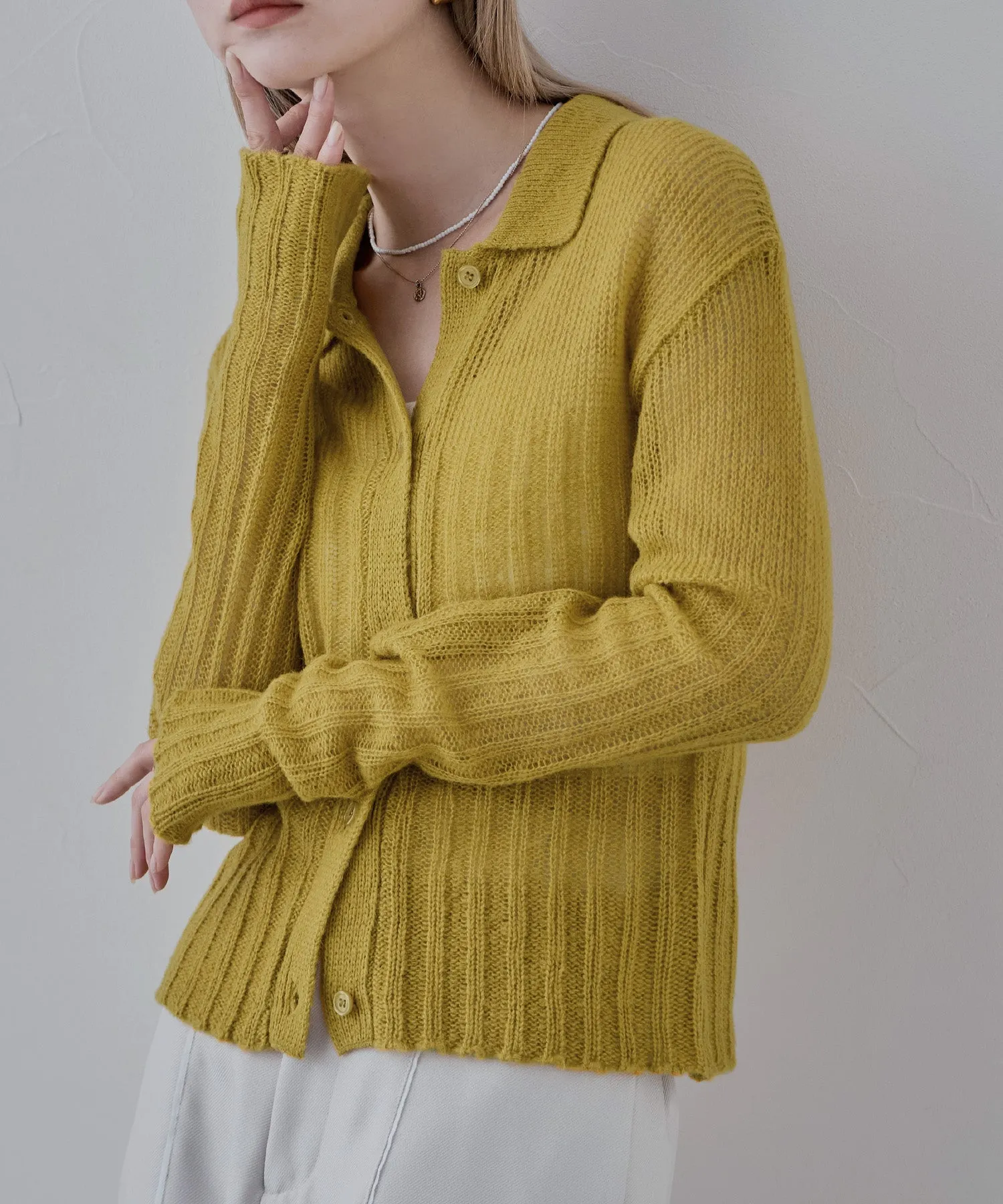Mohair touch collared knit cardigan