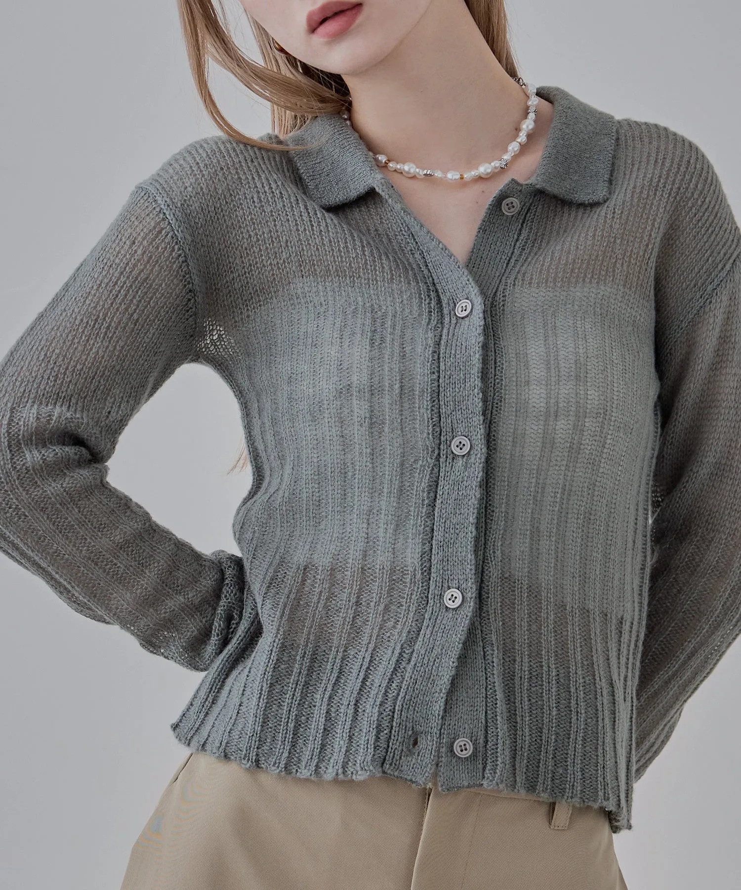 Mohair touch collared knit cardigan