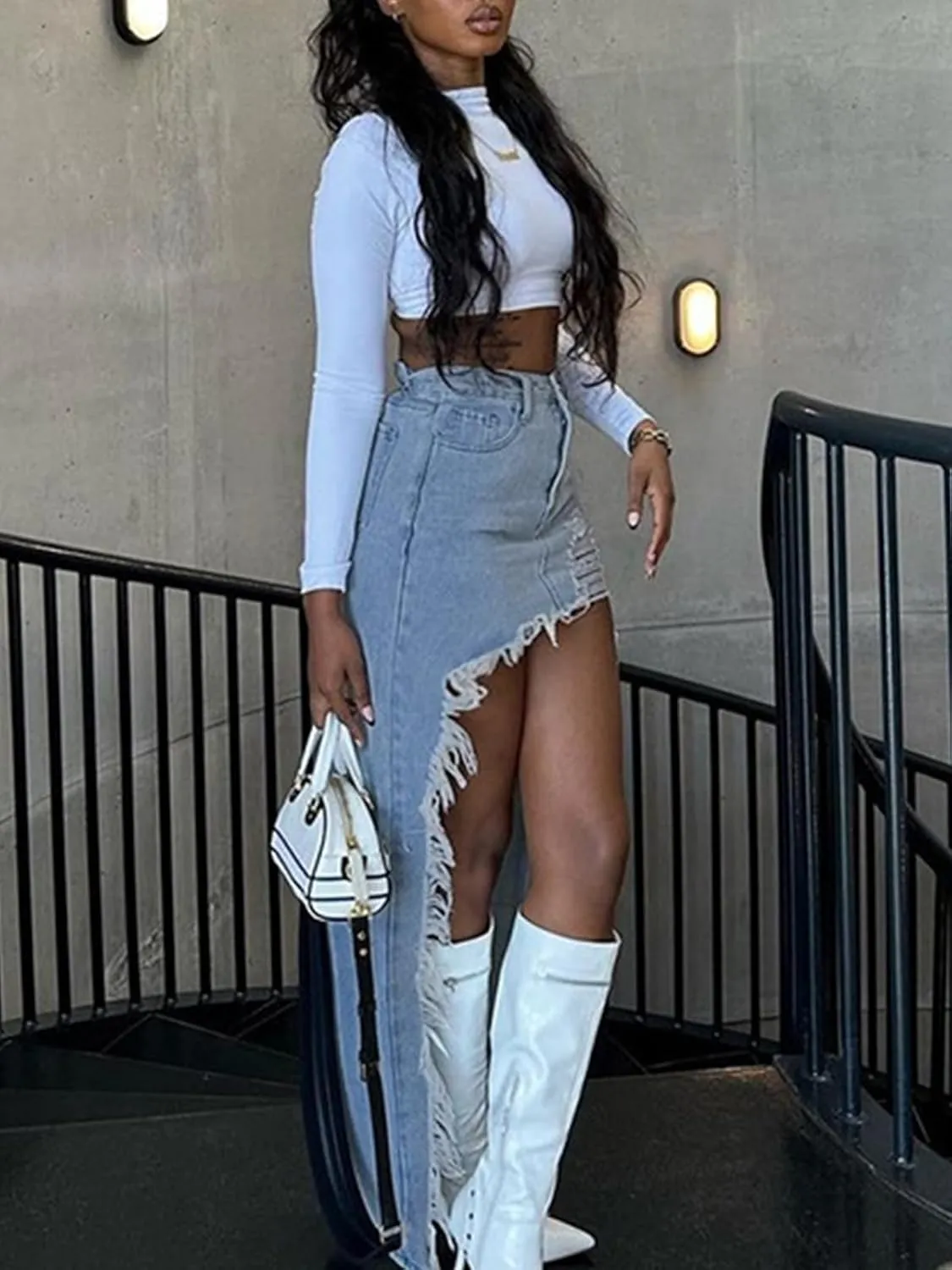 Molisry Women's High Slit Denim Maxi Skirt Frayed High Waisted Sexy Summer Irregular Jean Skirt Streetwear