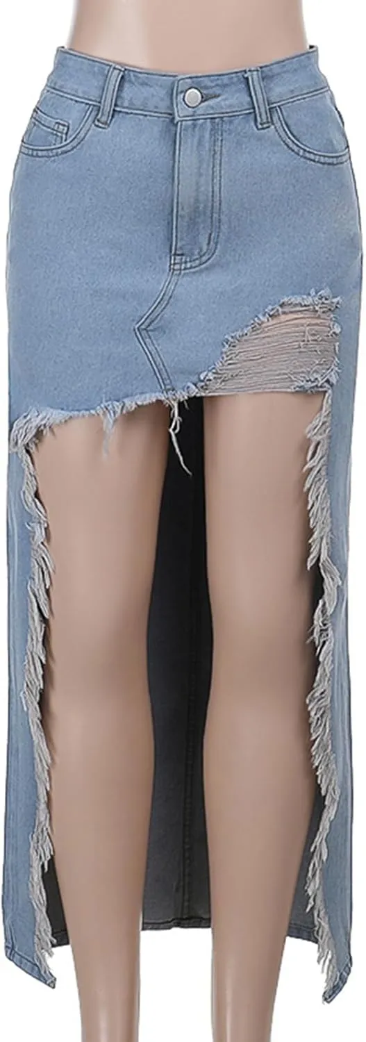 Molisry Women's High Slit Denim Maxi Skirt Frayed High Waisted Sexy Summer Irregular Jean Skirt Streetwear