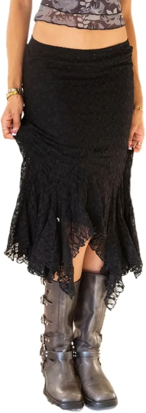 Mxiqqpltky Lace Skirt for Women Summer Y2k Low Rise Irregular Midi Skirts Fairy Pleated Bodycon Skirt Aesthetic Streetwear