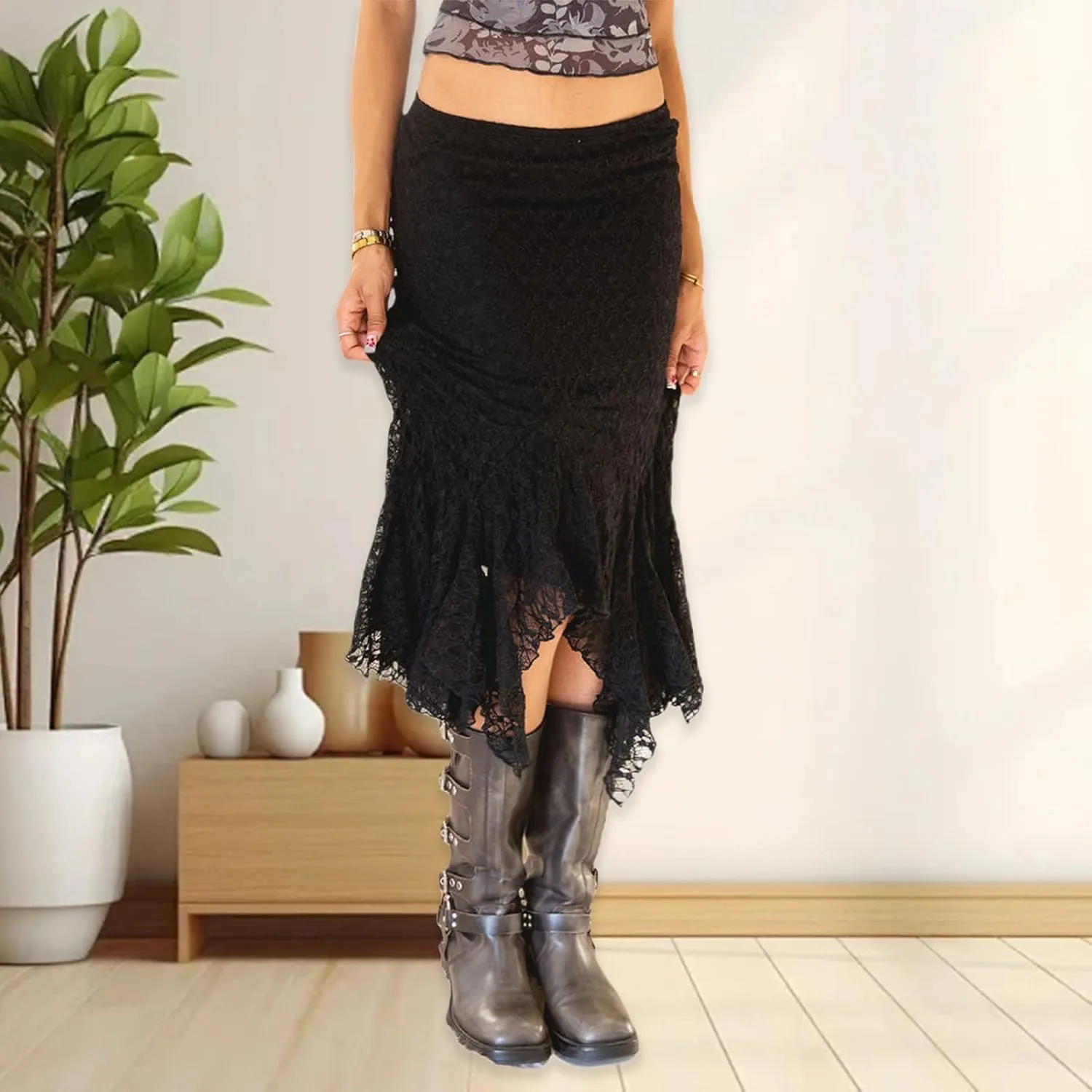 Mxiqqpltky Lace Skirt for Women Summer Y2k Low Rise Irregular Midi Skirts Fairy Pleated Bodycon Skirt Aesthetic Streetwear
