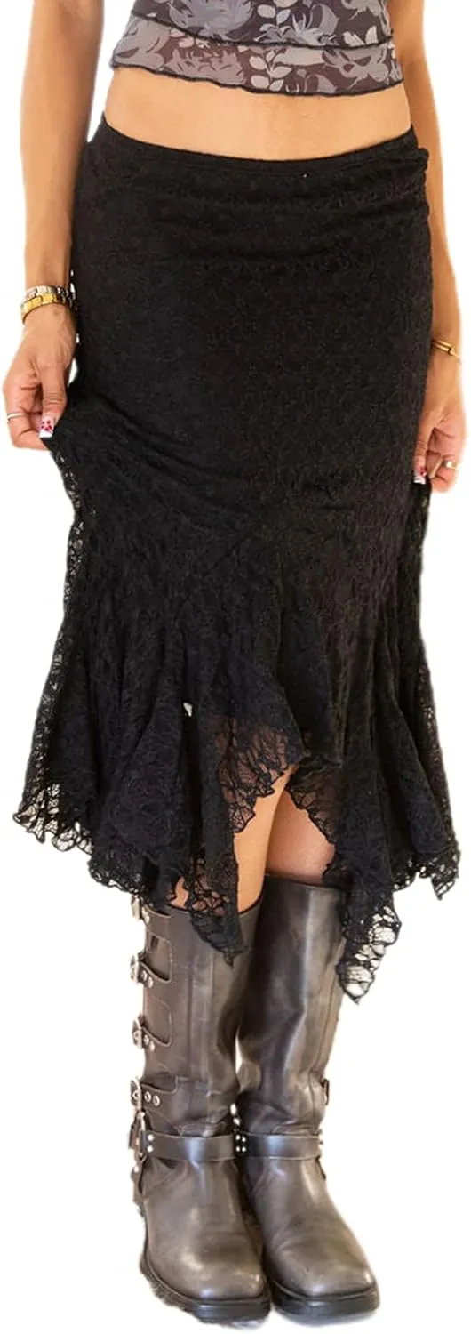Mxiqqpltky Lace Skirt for Women Summer Y2k Low Rise Irregular Midi Skirts Fairy Pleated Bodycon Skirt Aesthetic Streetwear