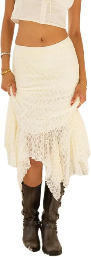 Mxiqqpltky Lace Skirt for Women Summer Y2k Low Rise Irregular Midi Skirts Fairy Pleated Bodycon Skirt Aesthetic Streetwear