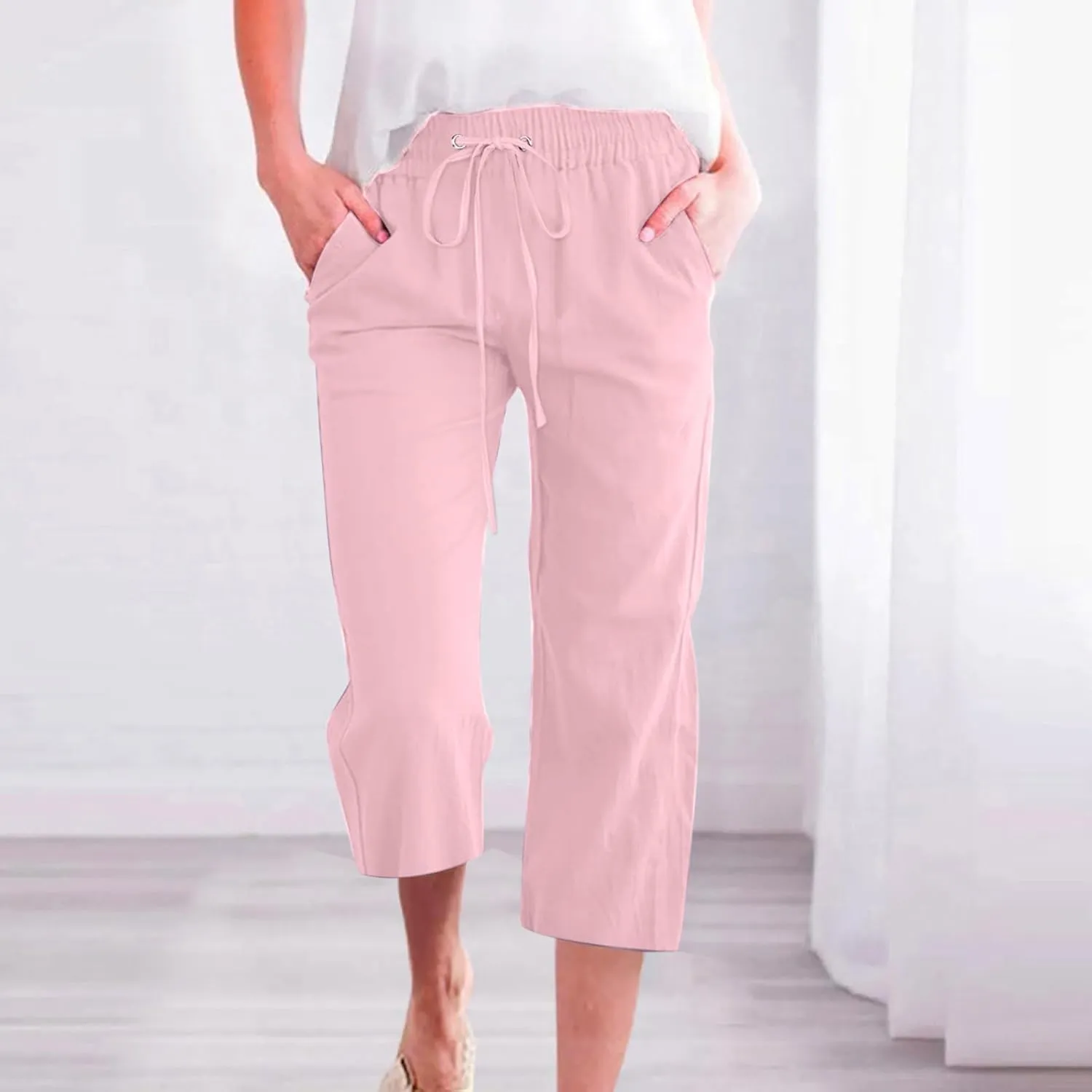 Mzkdieey Capri Pants for Women High Waisted Wide Leg Cotton Linen Cropped Trousers Summer Flowy Lounge Pants with Pockets