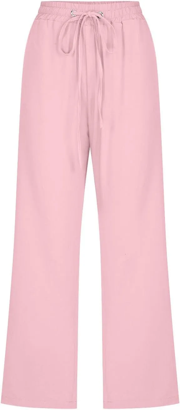 Mzkdieey Capri Pants for Women High Waisted Wide Leg Cotton Linen Cropped Trousers Summer Flowy Lounge Pants with Pockets