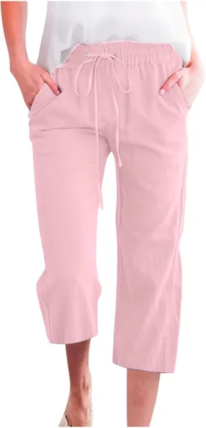 Mzkdieey Capri Pants for Women High Waisted Wide Leg Cotton Linen Cropped Trousers Summer Flowy Lounge Pants with Pockets