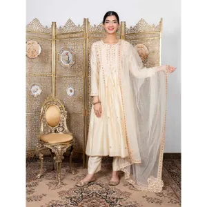 Nadima Saqib Beige Embroidered Full Sleeves Kurta (Set of 3)