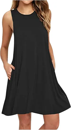 NaRHbrg Summer Dresses for Women Casual Tshirt Sundress Boho Tank Dress Casual Sleeveless Swing Cover Up Dress with Pockets