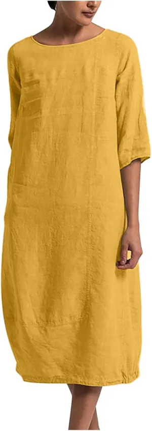 NaRHbrg Women's Cotton Linen Dresses Casual Loose Bohemian Dresses Short Sleeve Summer Beach Swing Dress Solid Color Sundress
