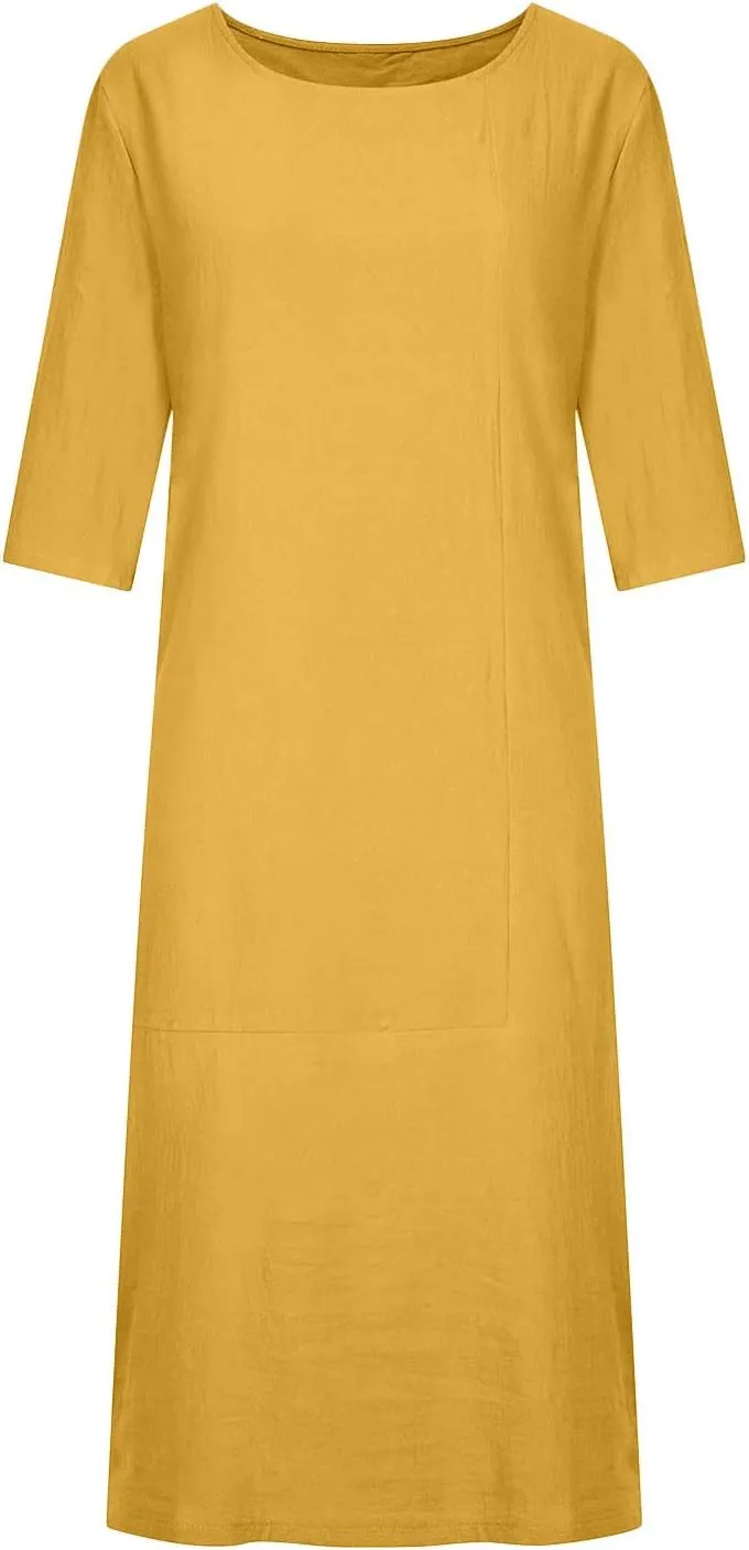 NaRHbrg Women's Cotton Linen Dresses Casual Loose Bohemian Dresses Short Sleeve Summer Beach Swing Dress Solid Color Sundress