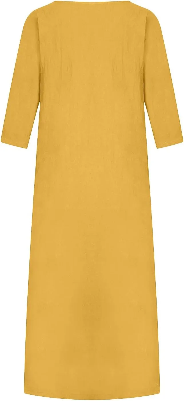NaRHbrg Women's Cotton Linen Dresses Casual Loose Bohemian Dresses Short Sleeve Summer Beach Swing Dress Solid Color Sundress