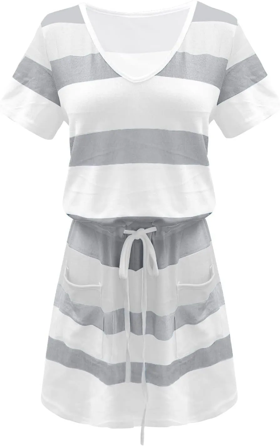 NaRHbrg Womens Summer Casual Midi Dresses Striped Short Sleeve Tshirt Dresses V Neck Drawstring Knee Length Dress with Pocket
