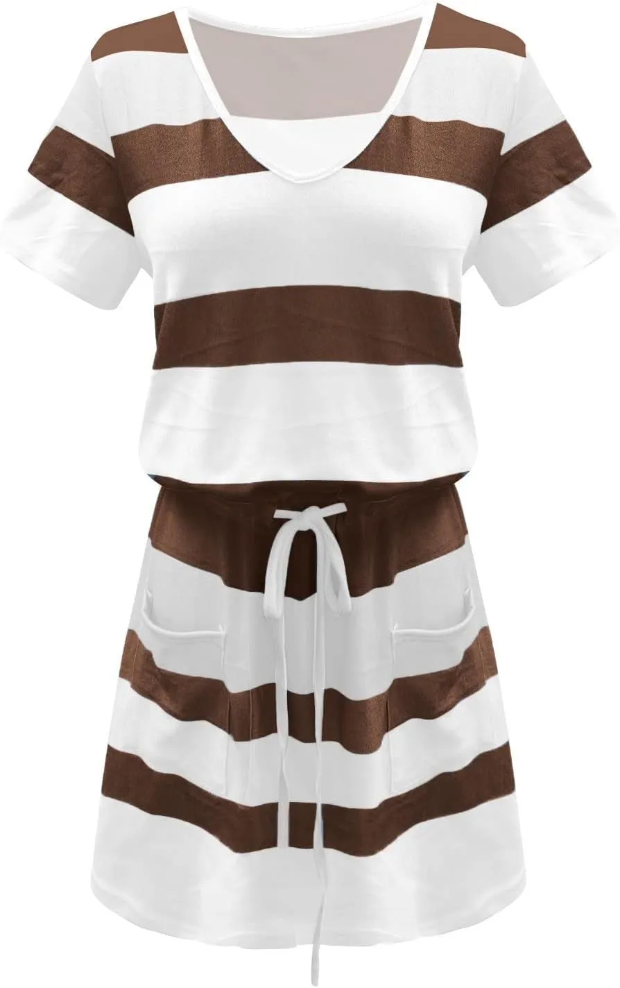 NaRHbrg Womens Summer Casual Midi Dresses Striped Short Sleeve Tshirt Dresses V Neck Drawstring Knee Length Dress with Pocket