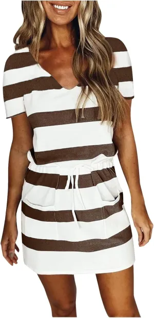 NaRHbrg Womens Summer Casual Midi Dresses Striped Short Sleeve Tshirt Dresses V Neck Drawstring Knee Length Dress with Pocket