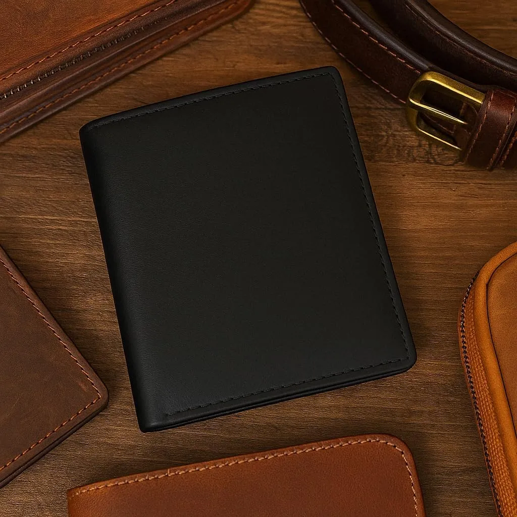 New Premium Lambskin Leather Bifold Hipster Credit Card Wallet (Black)
