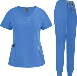niaahinn Scrub Suit Set for Women Modern V-neck Top & Tapered Leg Jogger Pants with Drawstring Medical Nursing Uniforms Set