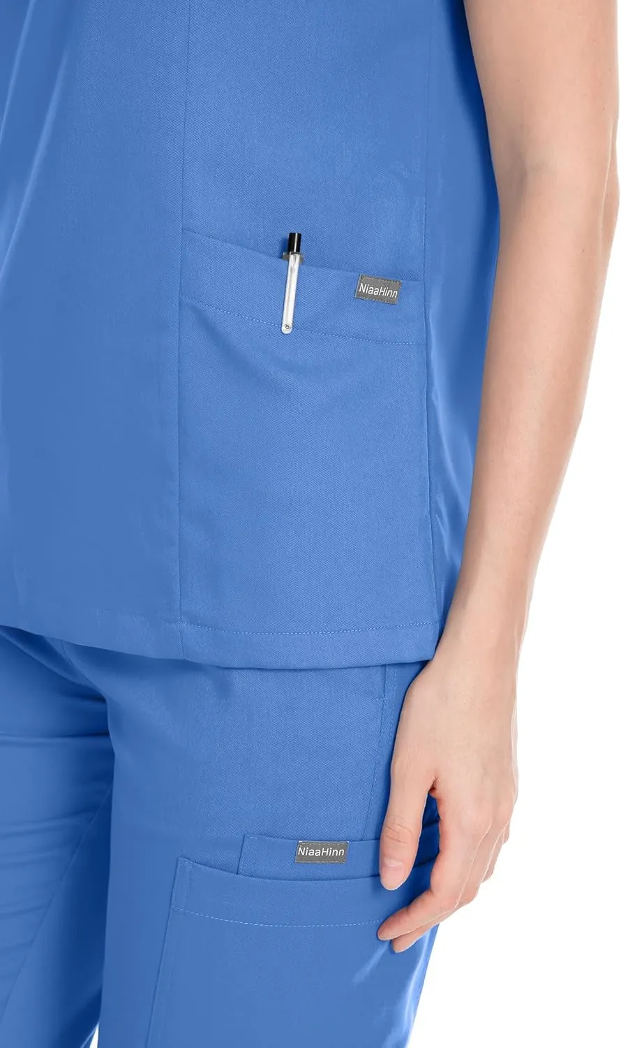niaahinn Scrub Suit Set for Women Modern V-neck Top & Tapered Leg Jogger Pants with Drawstring Medical Nursing Uniforms Set