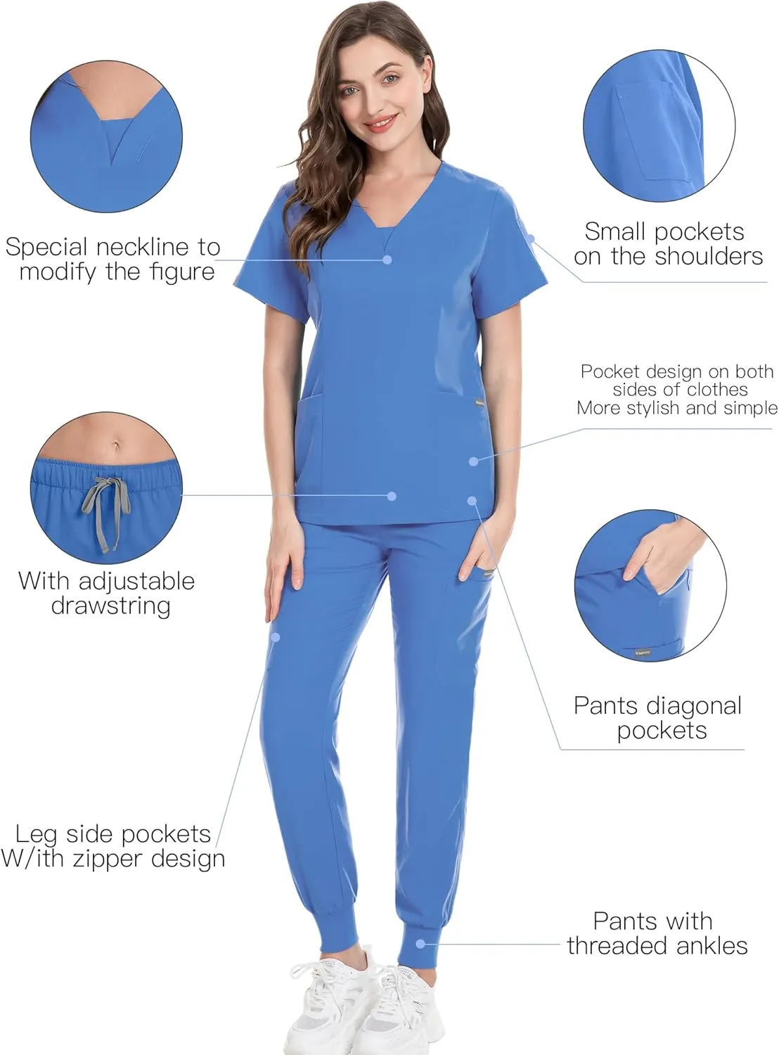 niaahinn Scrub Suit Set for Women Modern V-neck Top & Tapered Leg Jogger Pants with Drawstring Medical Nursing Uniforms Set
