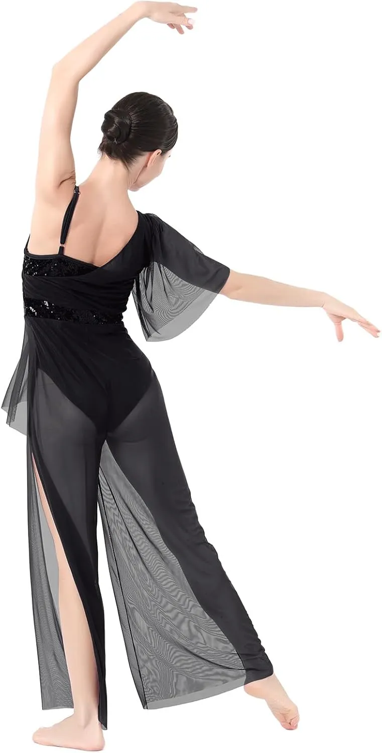 ODASDO Women Lyrical Dance Costumes Modern Contemporary Dancewear One-Piece Jumpsuit Unitard Sequin Mesh Wide Leg Pants
