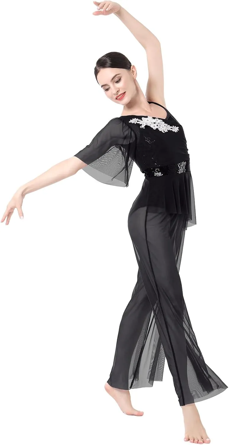 ODASDO Women Lyrical Dance Costumes Modern Contemporary Dancewear One-Piece Jumpsuit Unitard Sequin Mesh Wide Leg Pants
