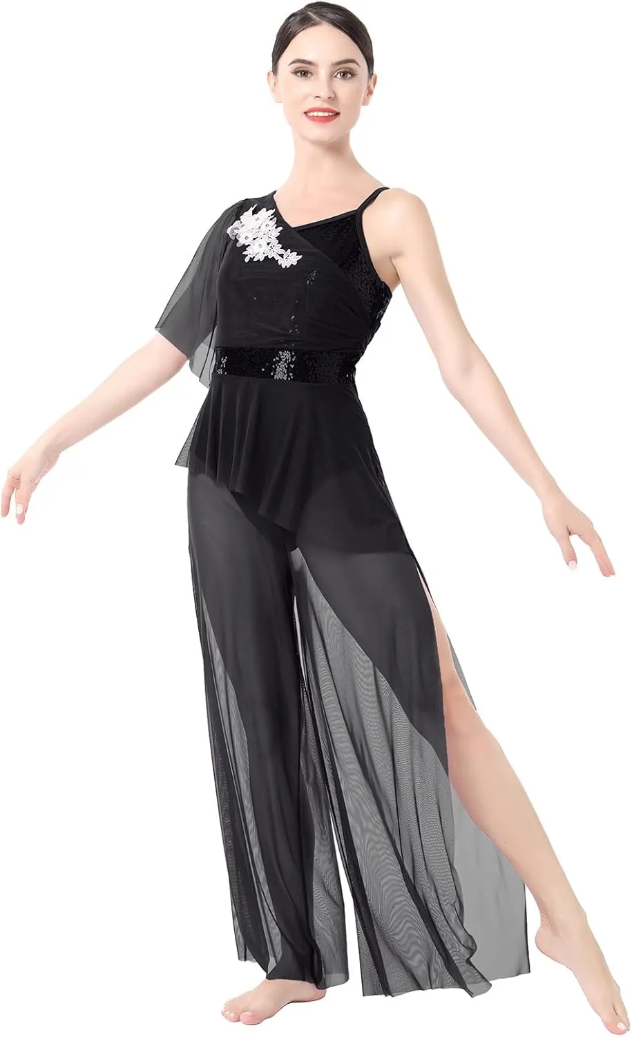 ODASDO Women Lyrical Dance Costumes Modern Contemporary Dancewear One-Piece Jumpsuit Unitard Sequin Mesh Wide Leg Pants