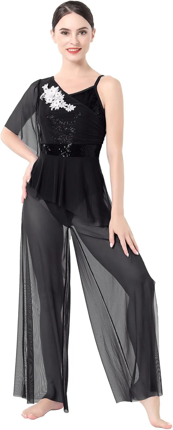 ODASDO Women Lyrical Dance Costumes Modern Contemporary Dancewear One-Piece Jumpsuit Unitard Sequin Mesh Wide Leg Pants