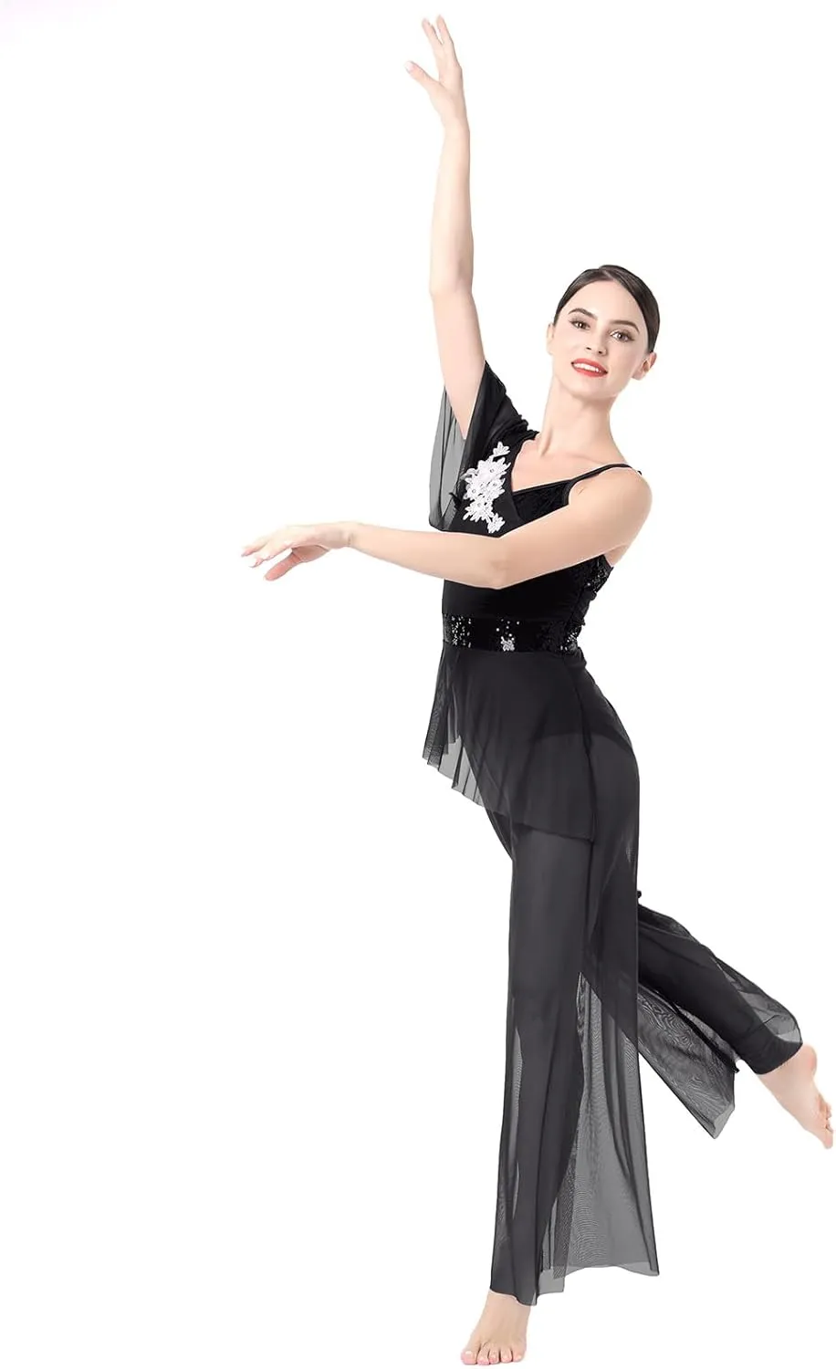 ODASDO Women Lyrical Dance Costumes Modern Contemporary Dancewear One-Piece Jumpsuit Unitard Sequin Mesh Wide Leg Pants