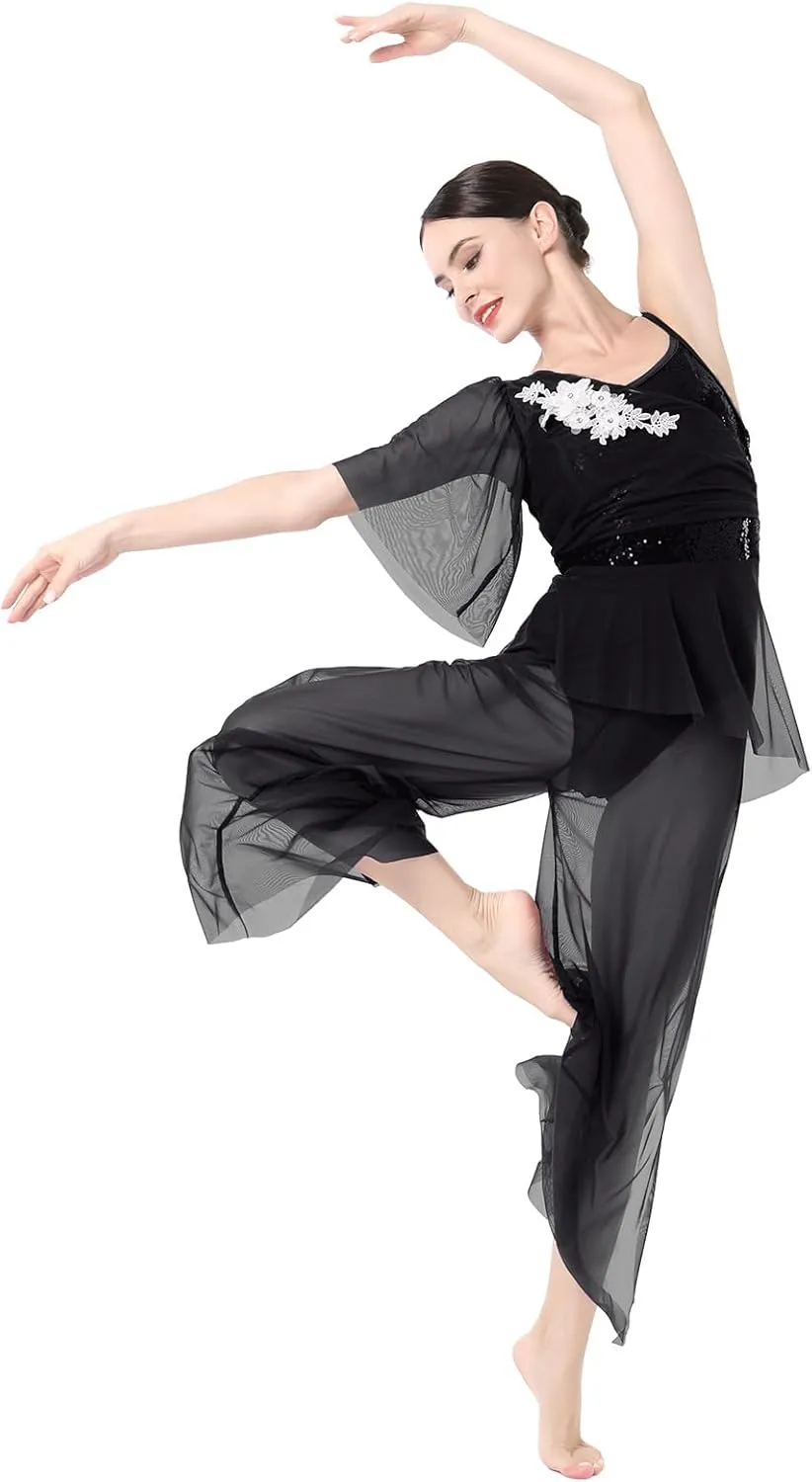 ODASDO Women Lyrical Dance Costumes Modern Contemporary Dancewear One-Piece Jumpsuit Unitard Sequin Mesh Wide Leg Pants