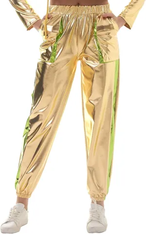 ODASDO Women Shiny Metallic Jogger Pants Wet Look Stretchy Holographic Trousers Casual High Waist Sweatpant Disco Rave Pants