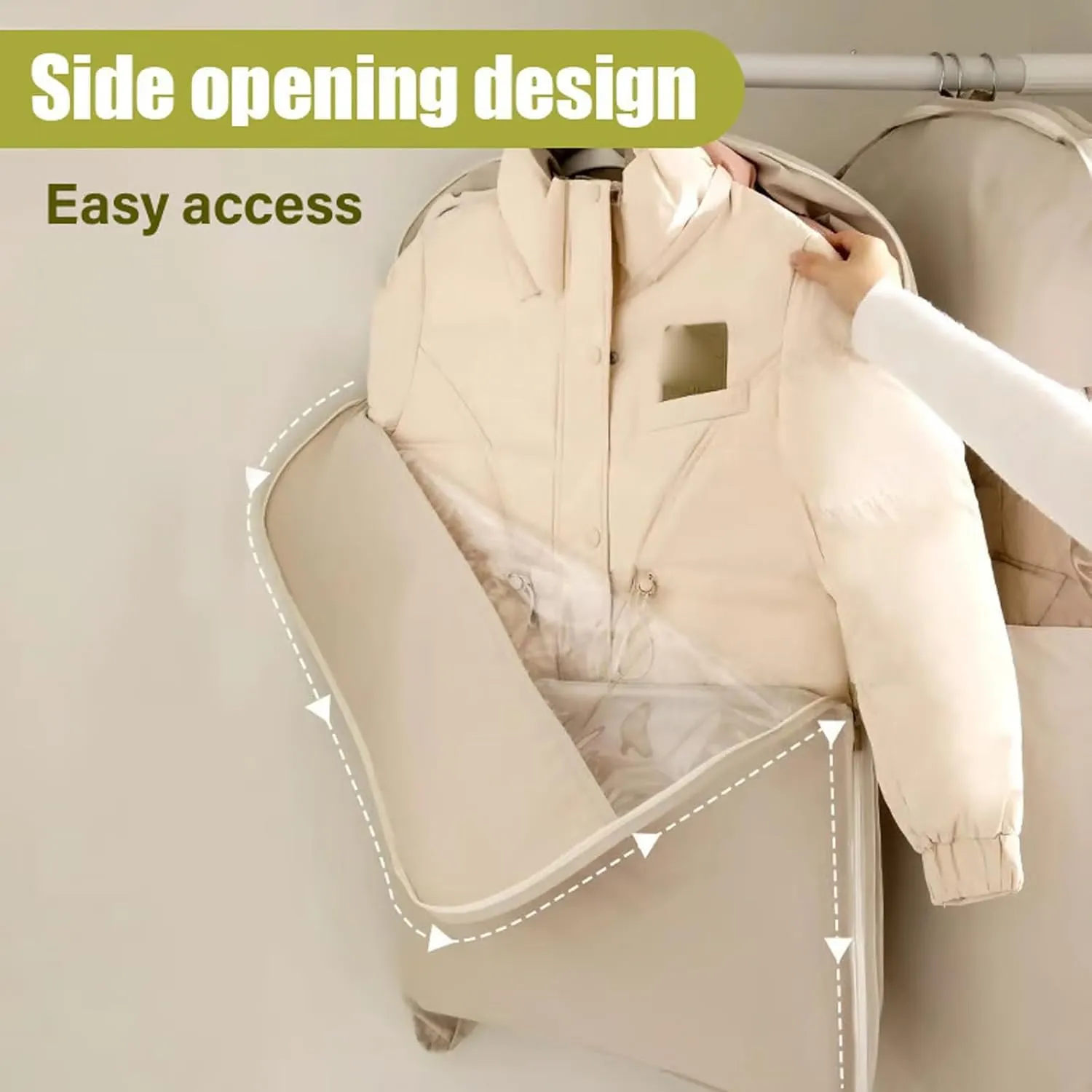 Otherwisie Space Saving Hanging Garment Bag with Self Compression Zipper, Dust Cover Clothes Bags, Space Saver Closet Organizers, Hanging Garment Bags for Closet Storage (BEIGE,M)