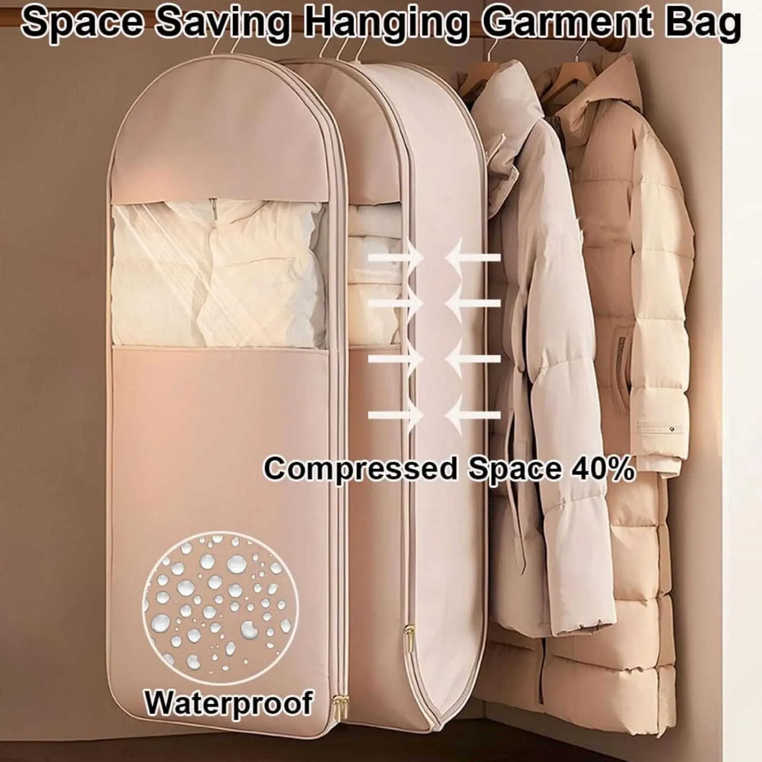 Otherwisie Space Saving Hanging Garment Bag with Self Compression Zipper, Space Saver Closet Organizers, Hanging Garment Bags for Closet Storage (Pink,35.4in)