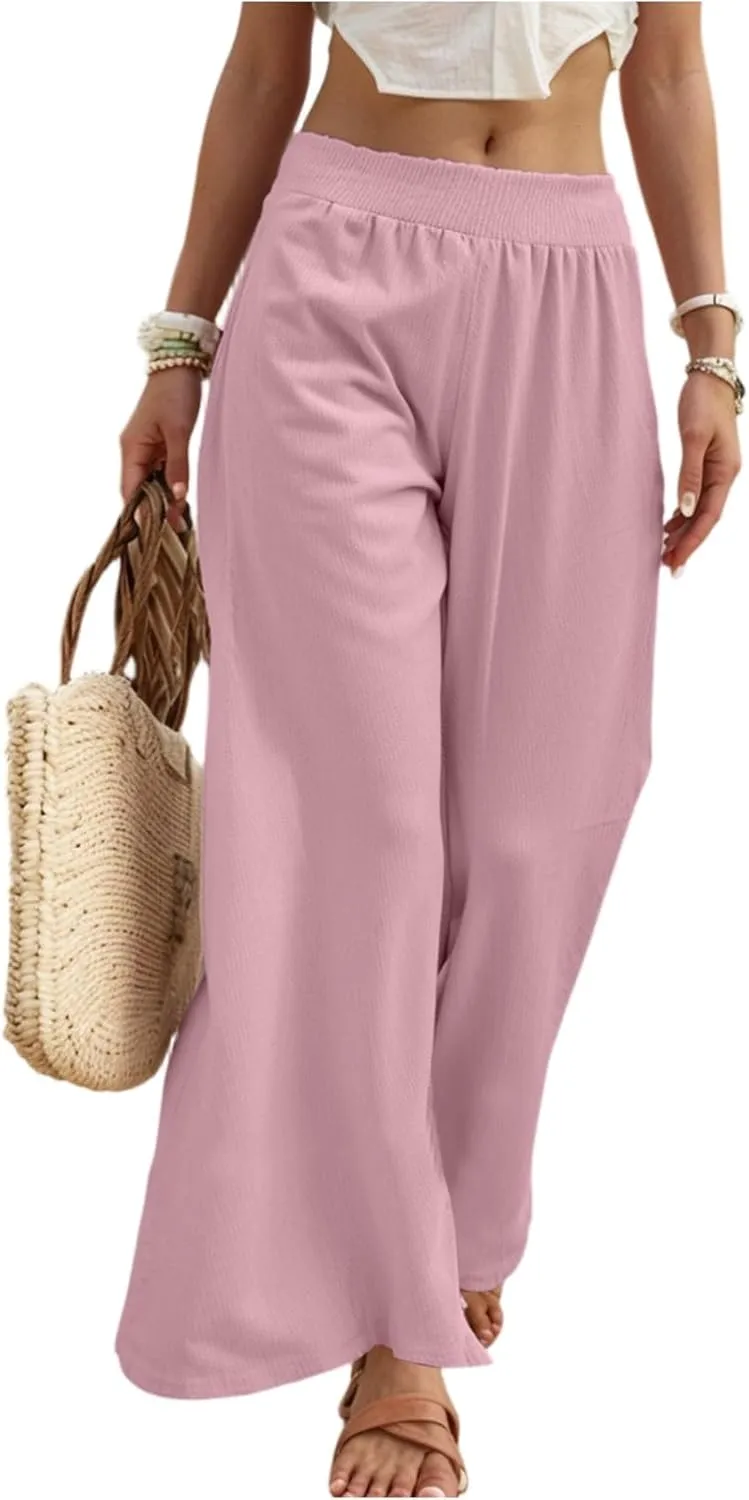 Palazzo Cotton Linen Pants Women Casual Summer Smocked Elastic High Waisted Wide Leg Pants Loose Vacation Beach Pant