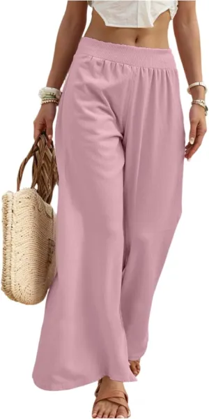 Palazzo Cotton Linen Pants Women Casual Summer Smocked Elastic High Waisted Wide Leg Pants Loose Vacation Beach Pant