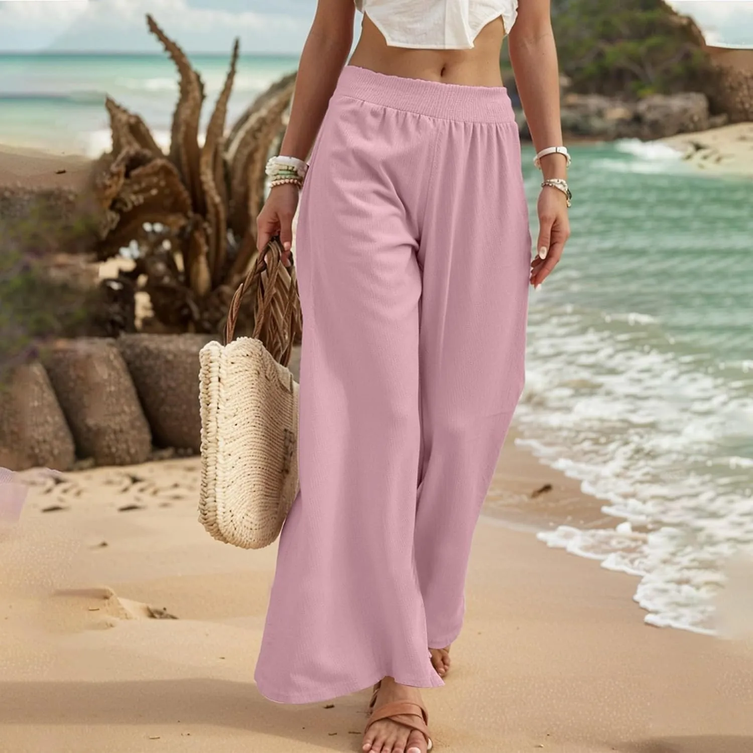 Palazzo Cotton Linen Pants Women Casual Summer Smocked Elastic High Waisted Wide Leg Pants Loose Vacation Beach Pant
