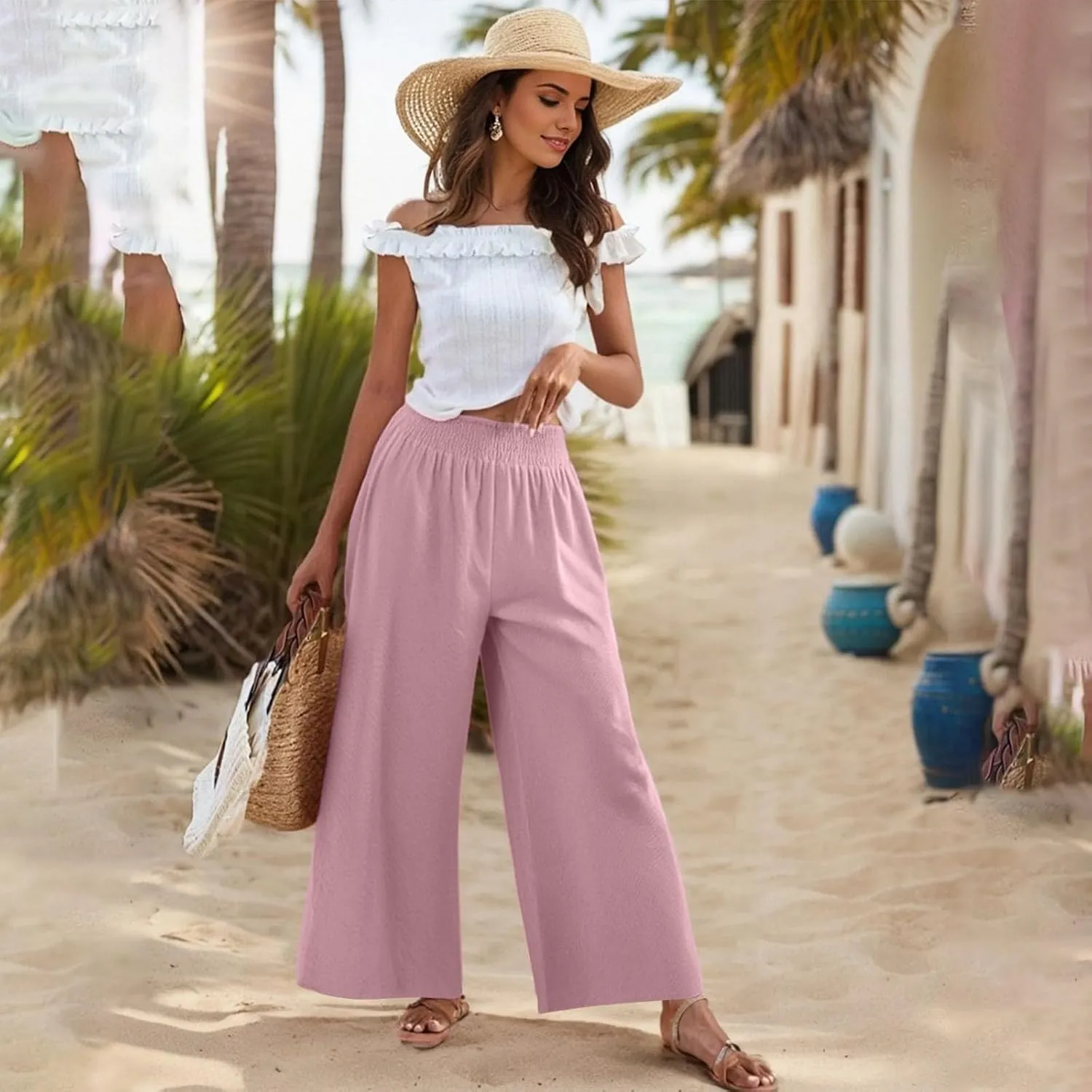Palazzo Cotton Linen Pants Women Casual Summer Smocked Elastic High Waisted Wide Leg Pants Loose Vacation Beach Pant