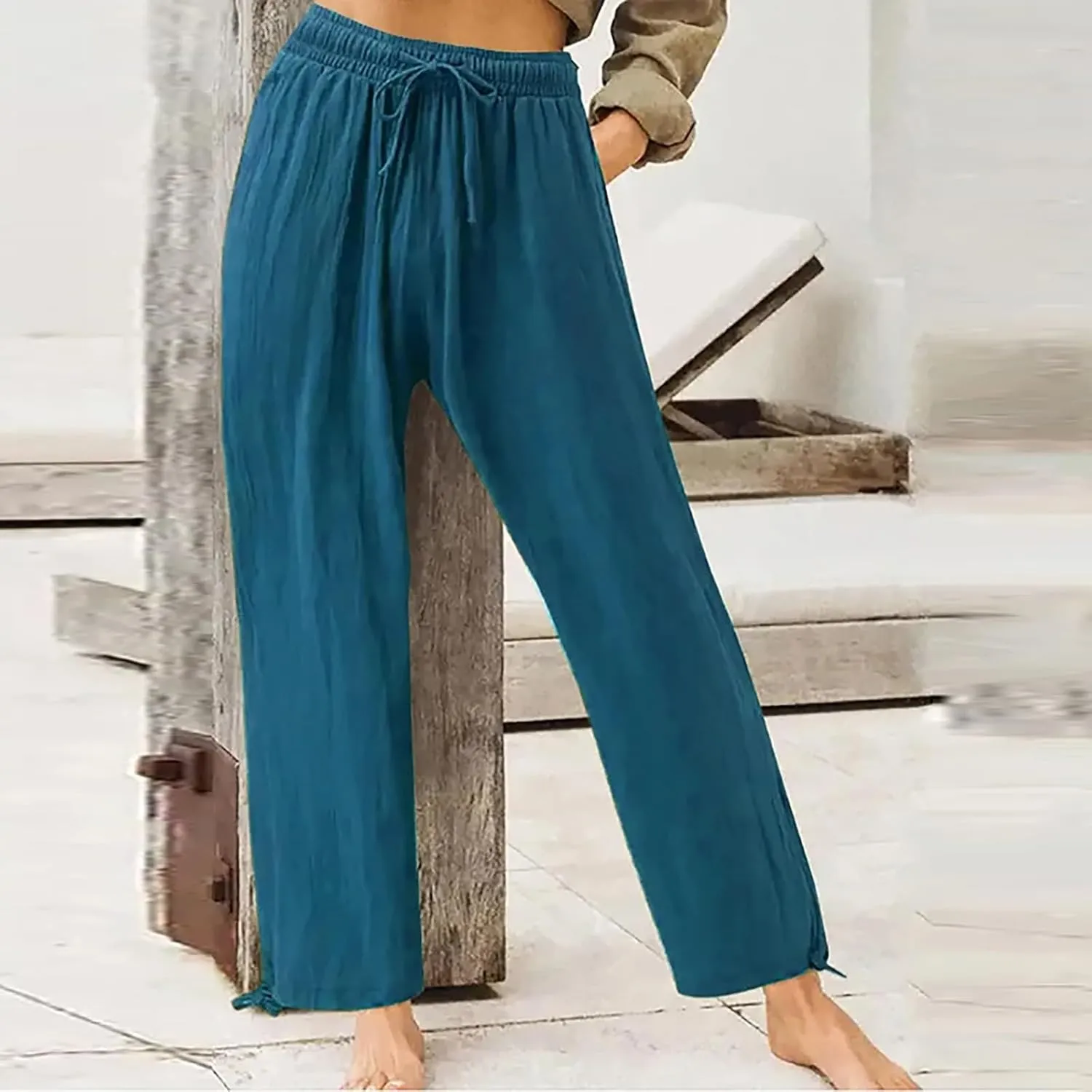 Pants for Women Cotton Linen Casual Summer 2025 Straight Leg Loose Drawstring Elastic Waist Cropped Trouser Plus Size