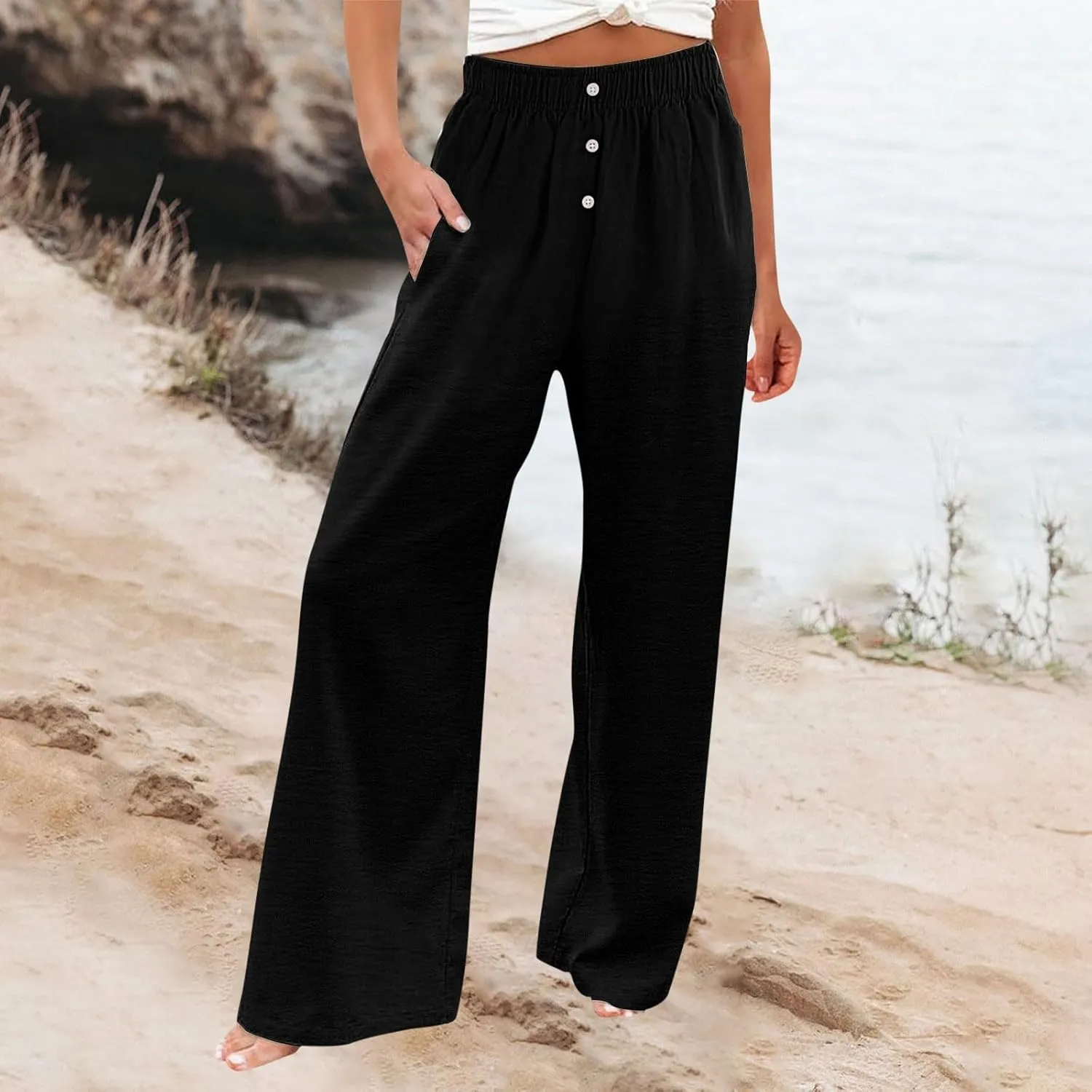 Pants for Women, Wide Leg Straight High Waisted Linen Pants Summer Casual