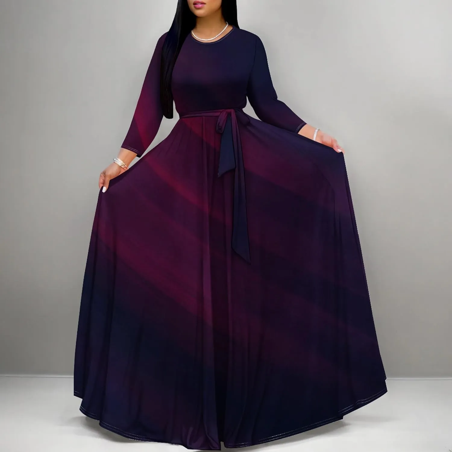 Plus Size Dresses for Curvy Women Sexy Long Sleeve Round Neck Wrap Floor Length Maxi Sundress with Belt Maxi Dress