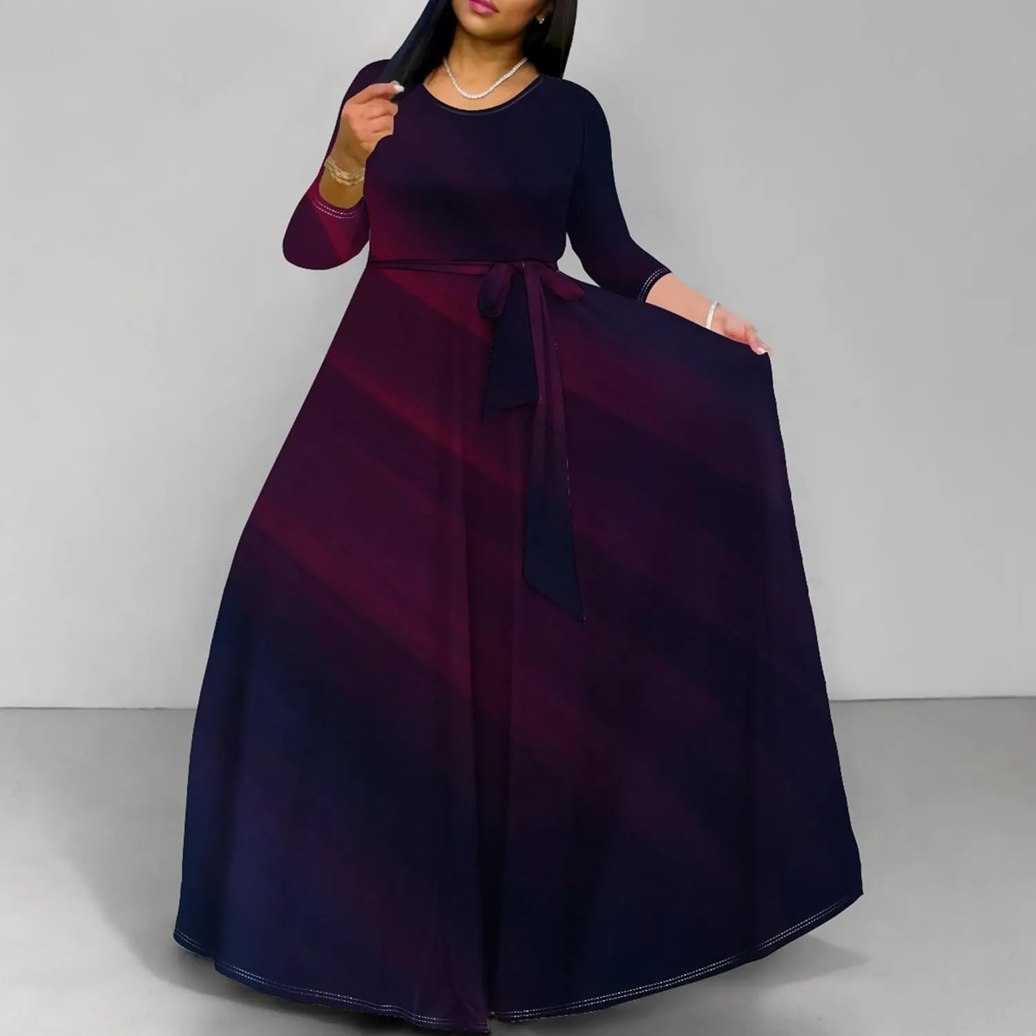 Plus Size Dresses for Curvy Women Sexy Long Sleeve Round Neck Wrap Floor Length Maxi Sundress with Belt Maxi Dress