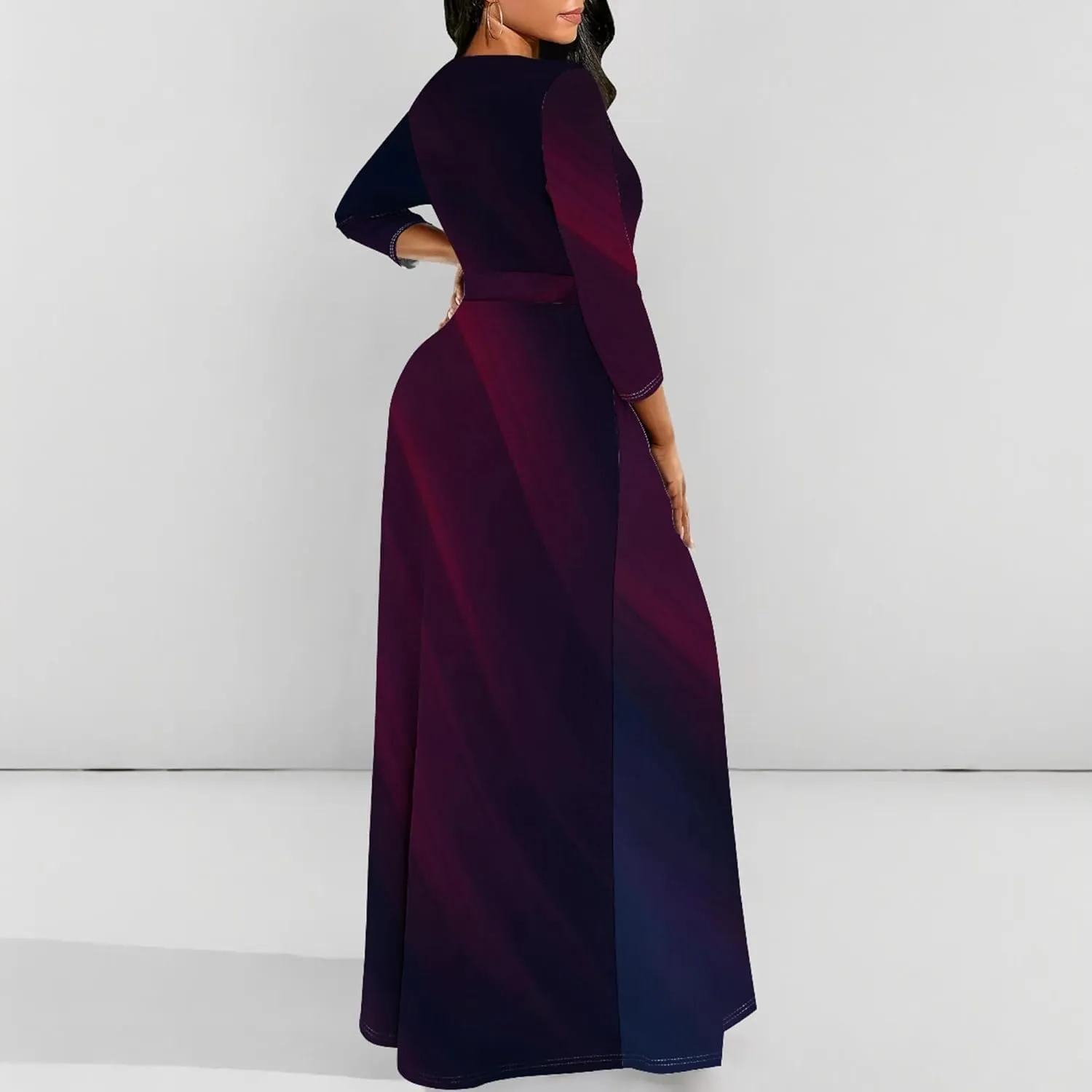 Plus Size Dresses for Curvy Women Sexy Long Sleeve Round Neck Wrap Floor Length Maxi Sundress with Belt Maxi Dress