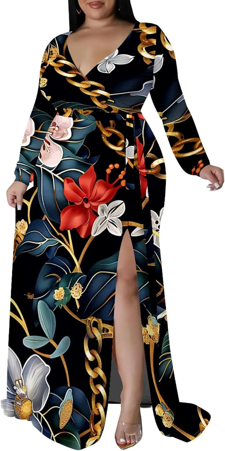 Plus Size Formal Maxi Dress for Women Sexy Long Sleeve Deep V Neck Side Split Cocktail Party Casual Dress with Belt