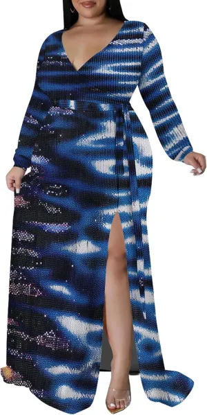 Plus Size Formal Maxi Dress for Women Sexy Long Sleeve Deep V Neck Side Split Cocktail Party Casual Dress with Belt