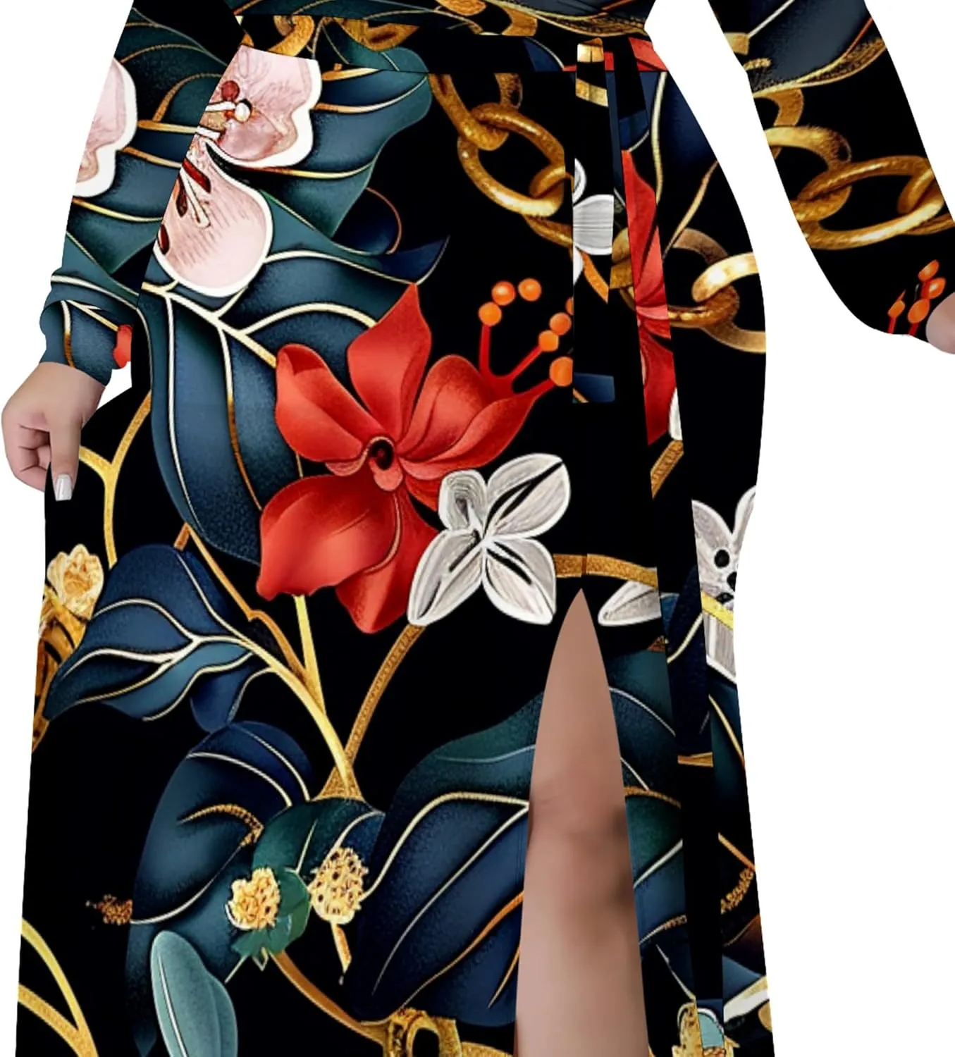 Plus Size Formal Maxi Dress for Women Sexy Long Sleeve Deep V Neck Side Split Cocktail Party Casual Dress with Belt