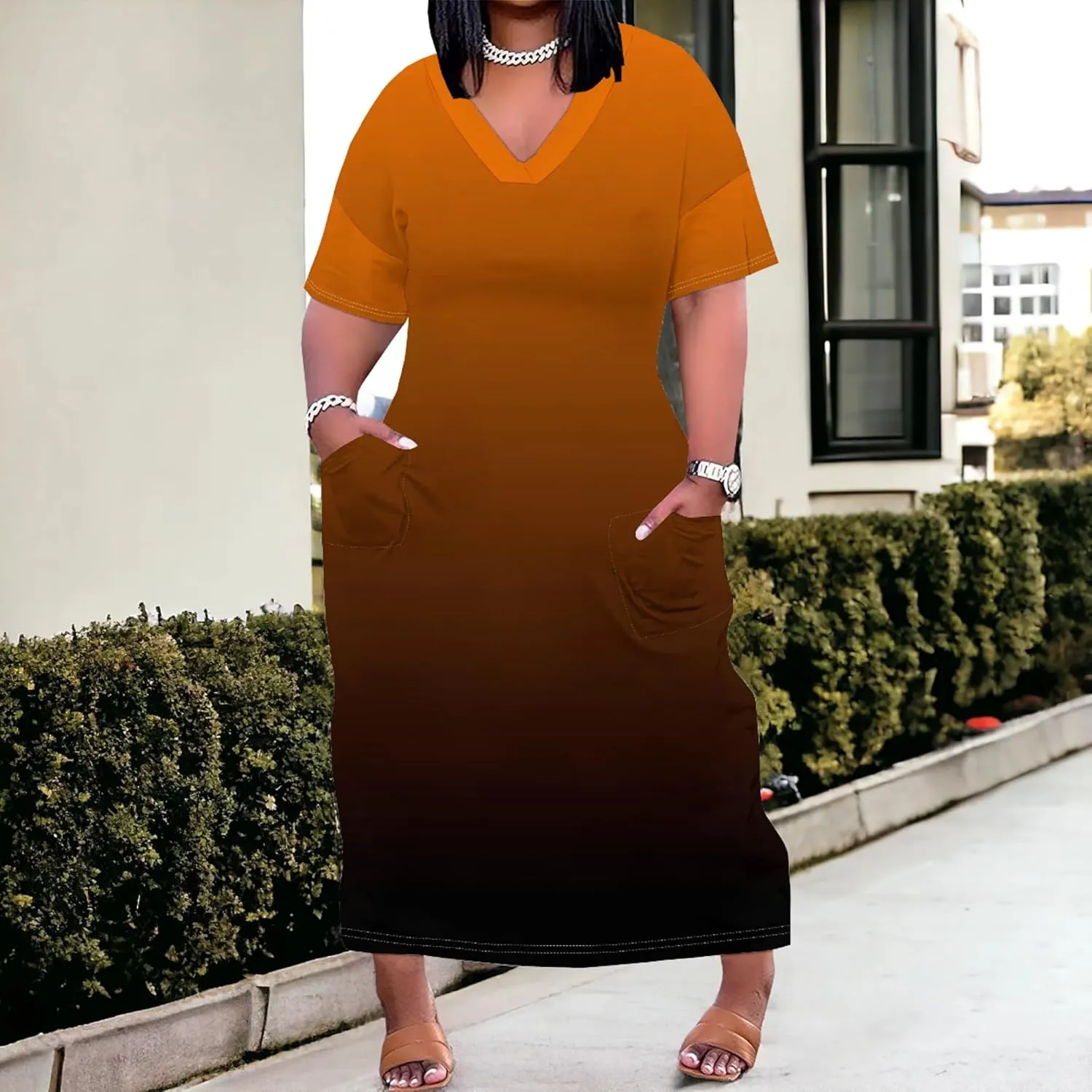 Plus Size Summer Casual Loose Dresses for Women Beach Swing Sundress Short Sleeve Tshirt Long Maxi Dress with Pockets