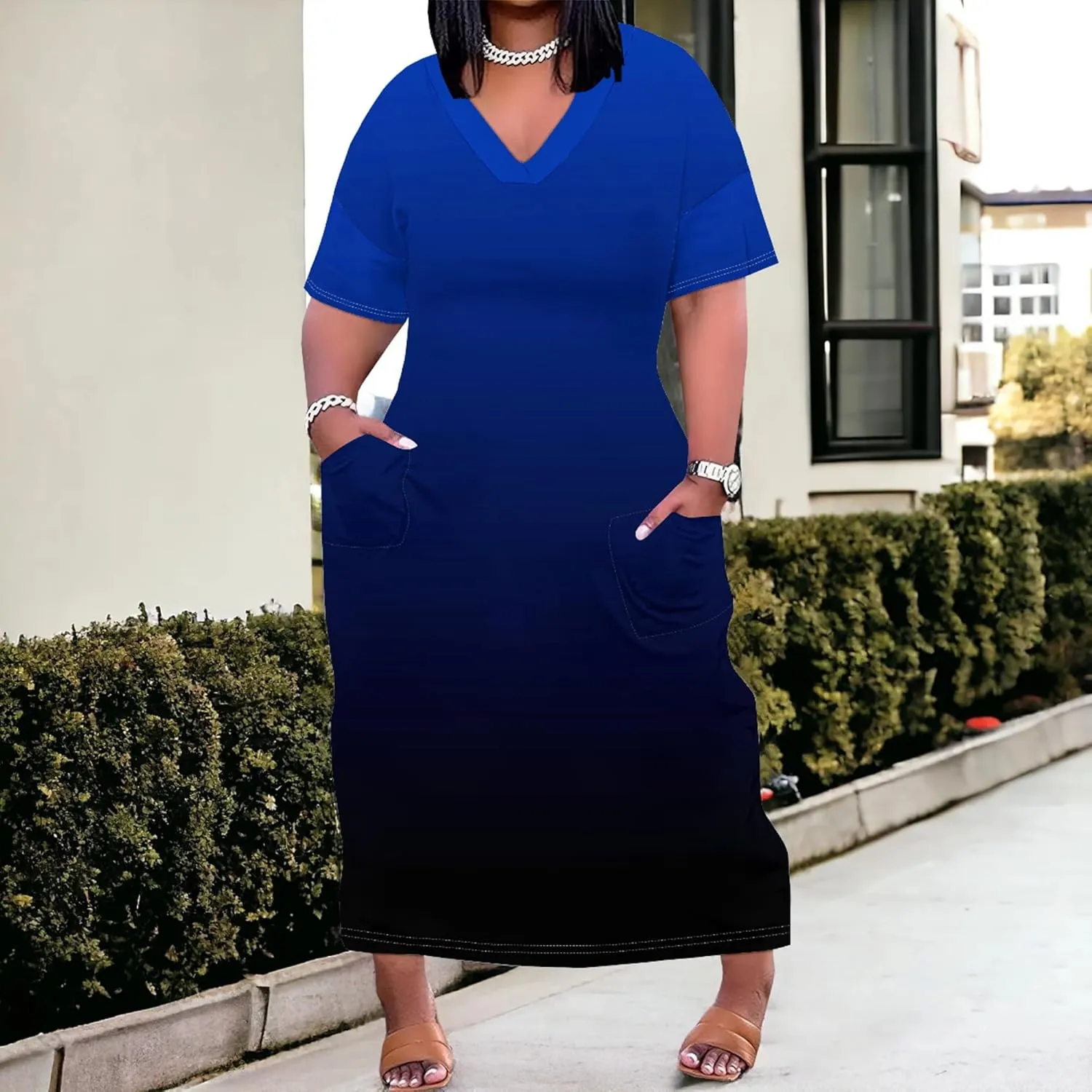 Plus Size Summer Casual Loose Dresses for Women Beach Swing Sundress Short Sleeve Tshirt Long Maxi Dress with Pockets